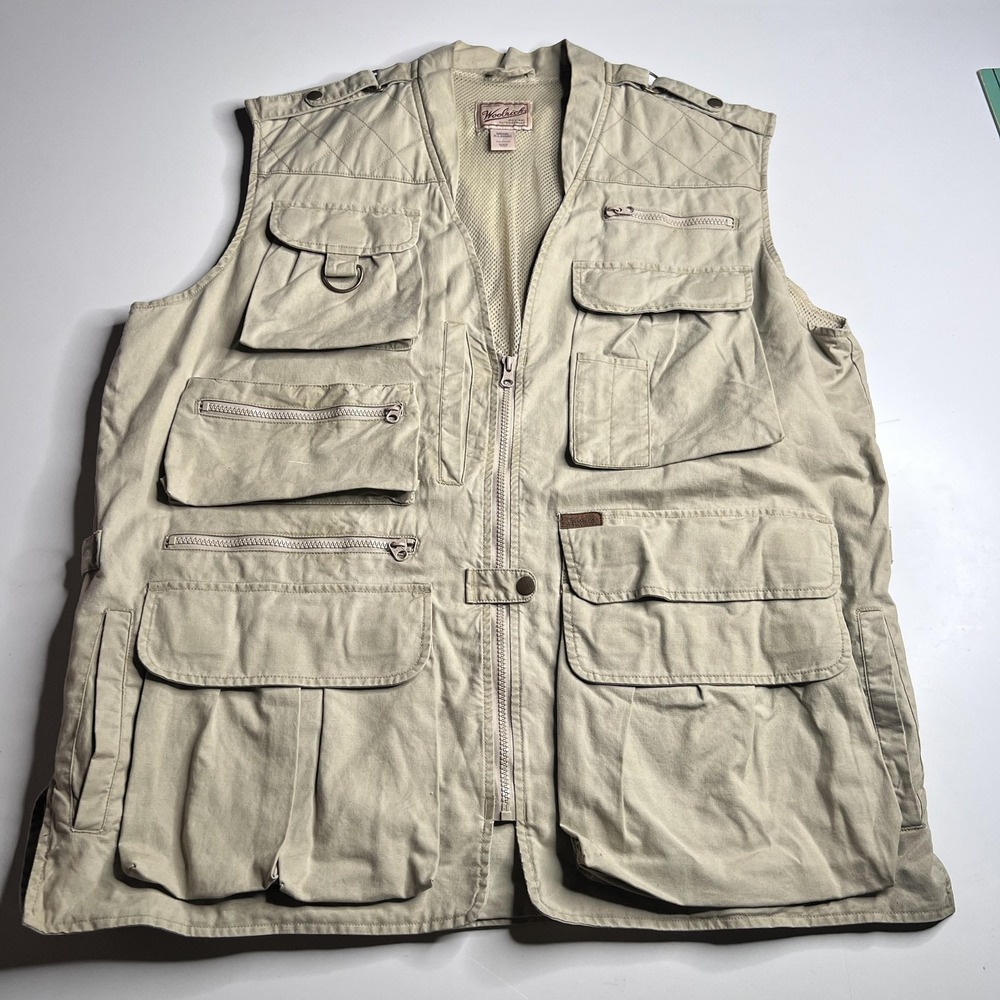 Woolrich Mens XL Khaki Cotton Utility Fishing Safari Multi Pocket Vest
